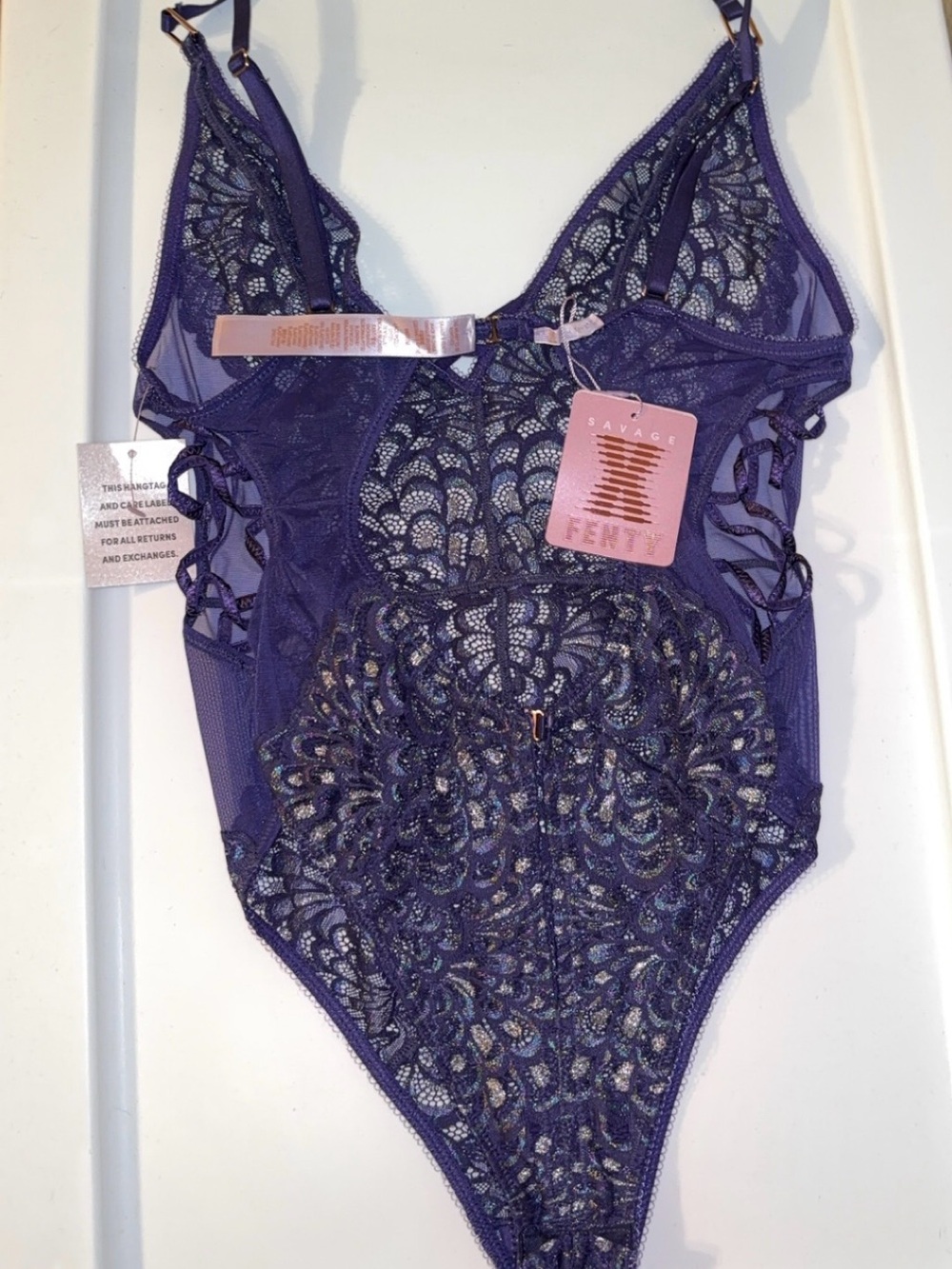 Savage X Fenty Deep Purple Lace & Mesh Bodysuit - Medium
